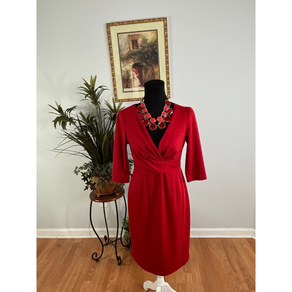 Donna Ricco NY Women Dress Barbie Core Wiggle Faux Wrap Red 1/2 Sleeve‎ Zipper